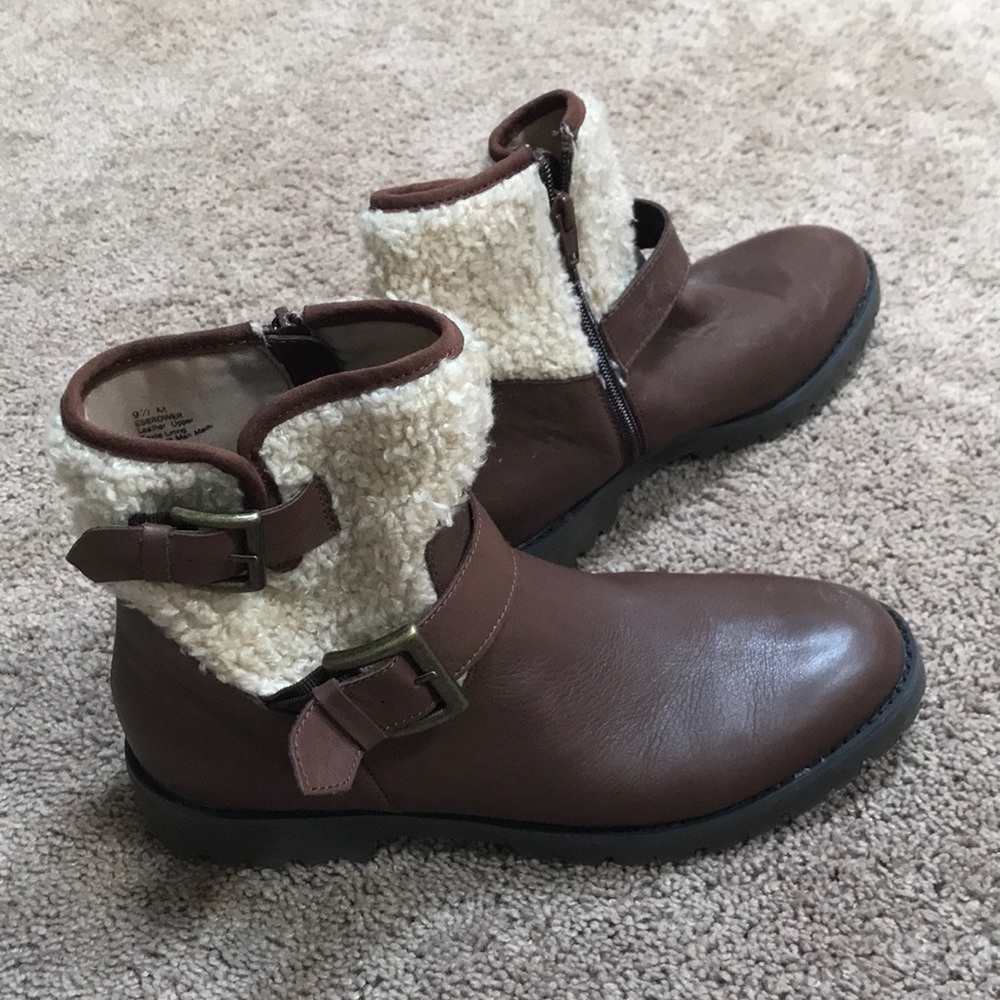 Brown Leather Bootie with Faux Shearling